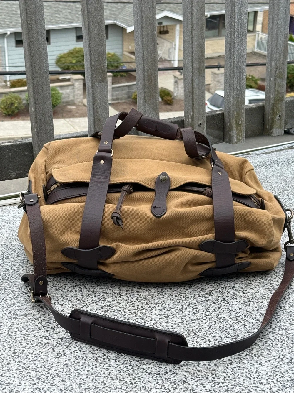 Filson Tan Canvas Medium Duffel with Dark Brown Leather Trim
